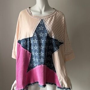 Denim patched Star top small boho cottagecore festival  textured oversized fit